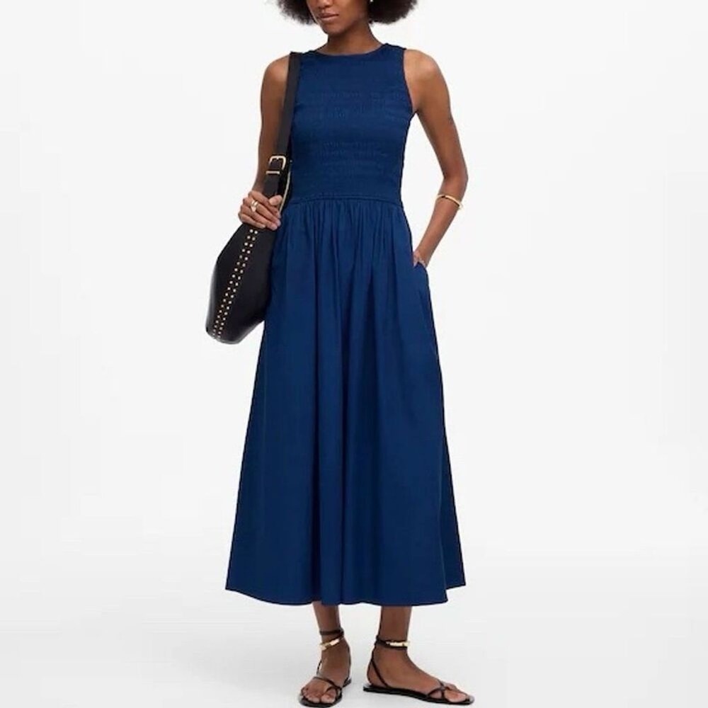 NWT Madewell Women's Blue Moon Melody Scoopback Smocked Midi Dress Size M